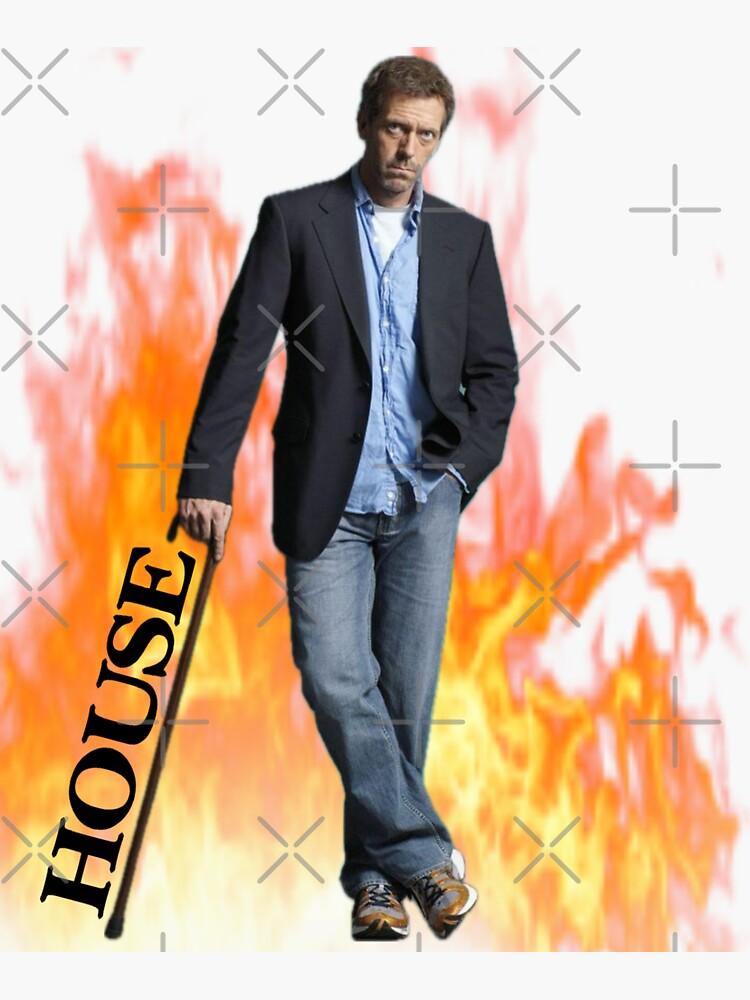 House MD leaning with cane “HOUSE” text and flames in background
