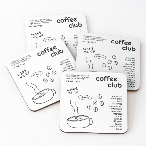 Item preview, coffee club with coffee types like espresso, latte, coffee beans, a cup to wake me up designed and sold by richakulkarni.