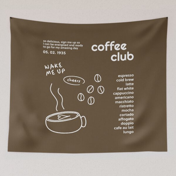 Artikelvorschau, Kaffeeclub in Weiß mit Kaffeesorten wie Espresso, Latte, Kaffeebohnen, einer Tasse zum Aufwachen entworfen und verkauft von richakulkarni.