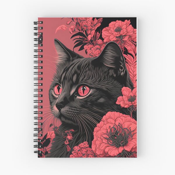 Item preview, cat and floral red pink and black designed and sold by GOODARTENOON.