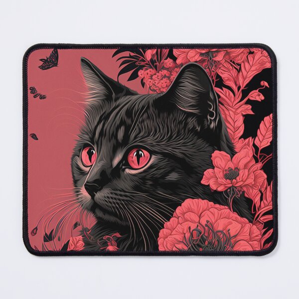 Item preview, cat and floral red pink and black designed and sold by GOODARTENOON.