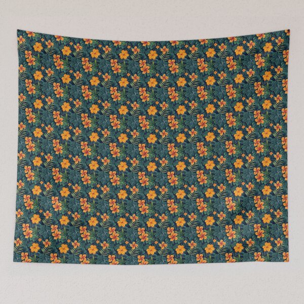 Item preview, Bright orange flowers amid lush green tropical foliage in a botanical illustration designed and sold by Jerhus.
