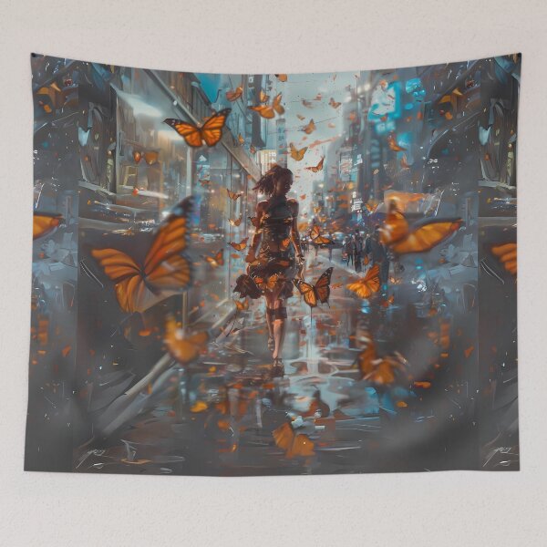 Item preview,  Woman Walking in the City with Butterflies Art  designed and sold by Obsidian Ink by Wilshire.