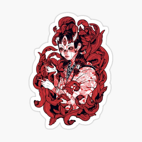 Japanese Geisha Manga Girl Floral Pattern Sticker