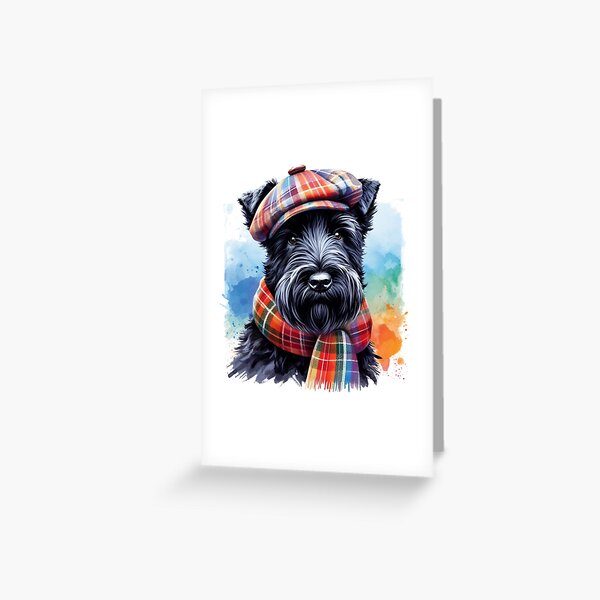 Item preview, Black Scottish Terrier Scottie Dog Wearing Red Tartan Flat Cap And Scarf Colorful Watercolor Portrait designed and sold by MaedK.
