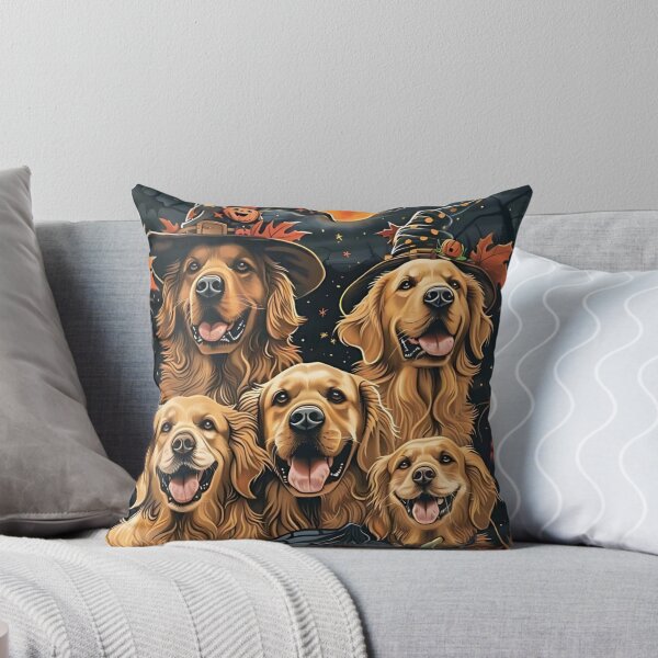 Item preview, Golden Retriever Dogs Halloween Illustration, Witchy Halloween Color Pencil Illustration, White Retriever Dog Lover Gift, Fall Home Decor designed and sold by OnceOnlyArt.