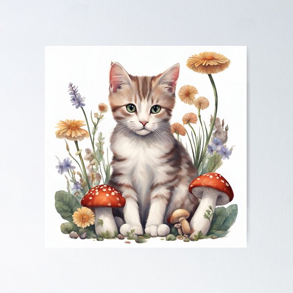 Item preview, A cat in a field of flowers and mushrooms. designed and sold by fmudalier.