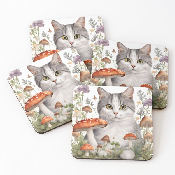 Item preview, A cat in a field of flowers and mushrooms. designed and sold by fmudalier.