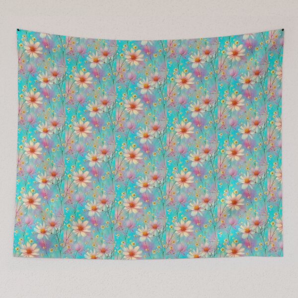 Aperçu de l'œuvre Motif floral d'été, rose, jaune, fond aqua créée et vendue par Jaydee001.