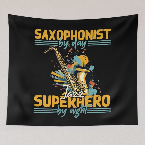 Item preview, Funny saxophone superhero design for jazz music designed and sold by LuminOrb.