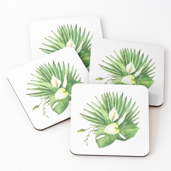 Item preview, Tropical leaves, white flowers bouquet exotic palm green creeper. Watercolor clipart designed and sold by BartolArt.