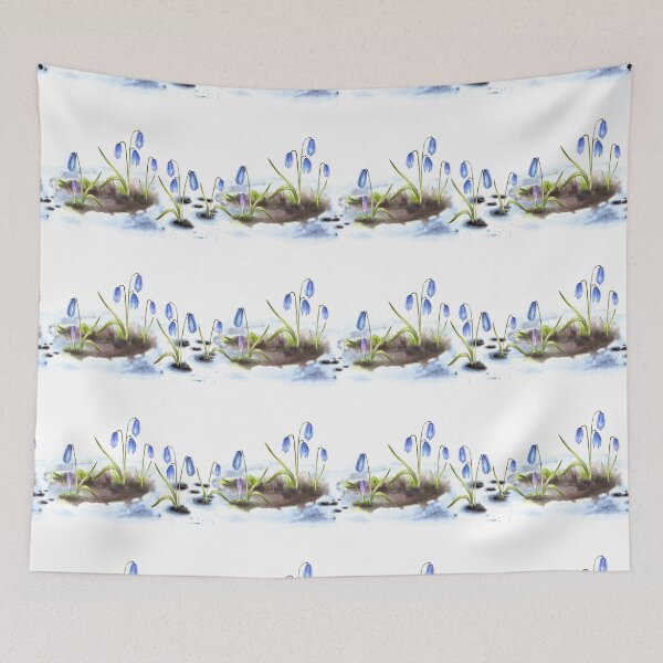Item preview, Blue spring scylla squills flower sprouting through the snow Watercolor seamless border designed and sold by BartolArt.