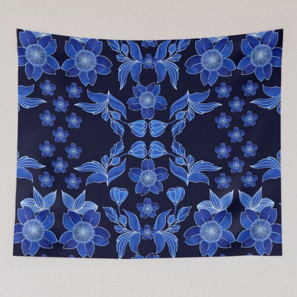Item preview, Flowers in folk style, Blue on a dark-dark blue background designed and sold by Alex  Blud.