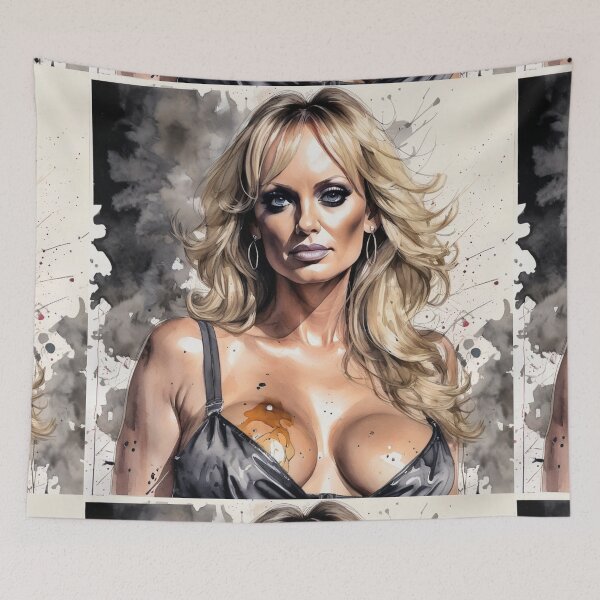 Aperçu de l'œuvre Stormy Daniels Trump aquarelle Salle d'audience Fake News Enfermez-le créée et vendue par bub creates.