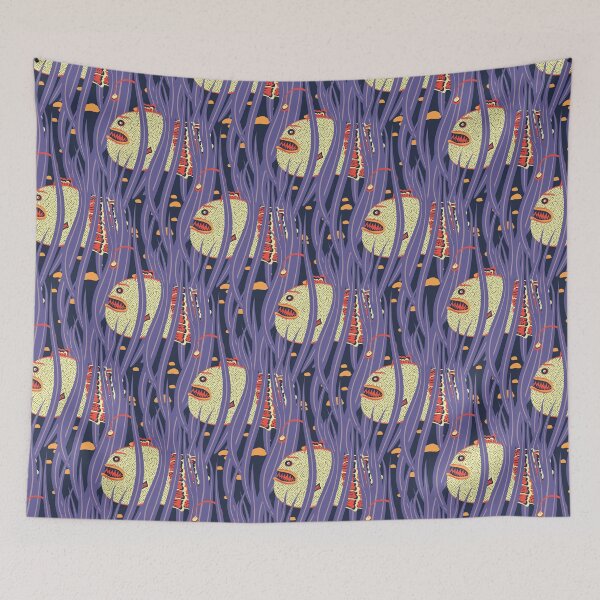 Item preview, Cute Deepwater anglerfish, Yellow on dark blue background designed and sold by Alex  Blud.