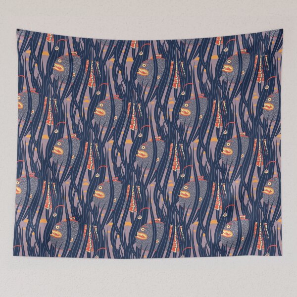 Item preview, Cute Deepwater anglerfish, Blue on dark lilac background designed and sold by Alex  Blud.
