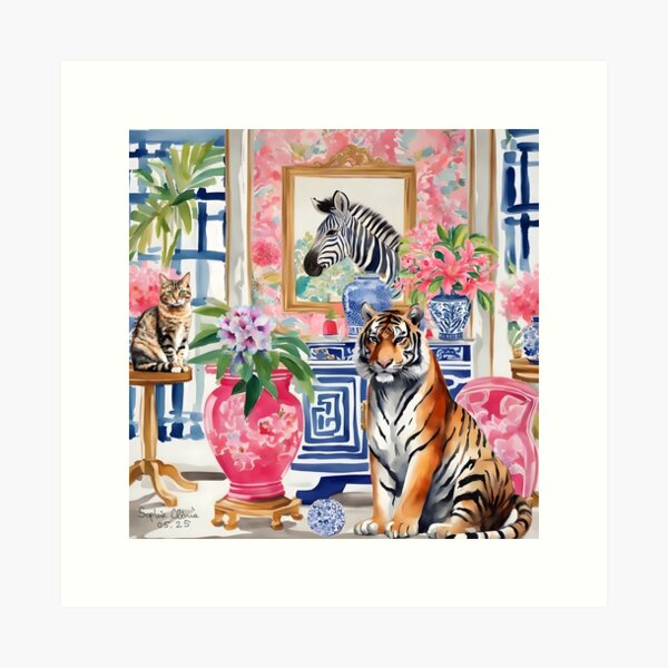 Item preview, Tiger and tabby cat in chinoiserie interior designed and sold by SophieClimaArt.