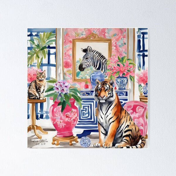 Item preview, Tiger and tabby cat in chinoiserie interior designed and sold by SophieClimaArt.