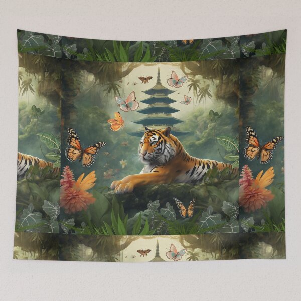 Item preview, Tiger and butterfly, plants, flowers, nature, pagoda, China designed and sold by Sugar Wisdom .