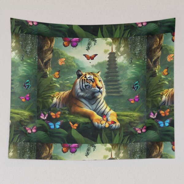 Item preview, Tiger and butterfly, plants, flowers, nature, pagoda, China designed and sold by Sugar Wisdom .
