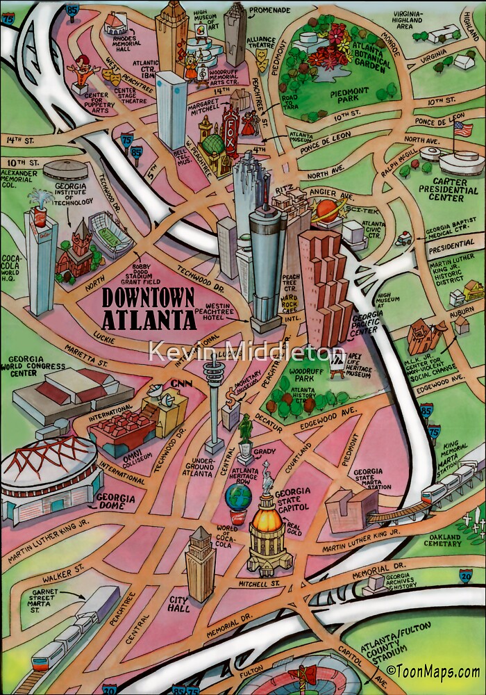 Map Of Downtown Atlanta Downtown Atlanta Georgia Cartoon Map" By Kevin Middleton | Redbubble