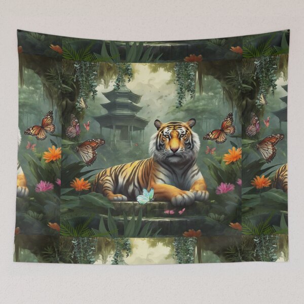 Item preview, Tiger and butterfly, plants, flowers, nature, pagoda, China designed and sold by Sugar Wisdom .