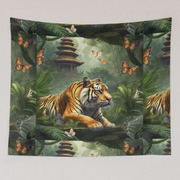 Item preview, Tiger and butterfly, plants, flowers, nature, pagoda, China designed and sold by Sugar Wisdom .