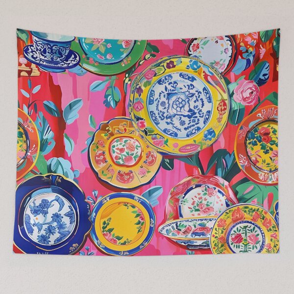 Item preview, Bright Chinoiserie porcelain on pink and green wallpaper designed and sold by SophieClimaArt.