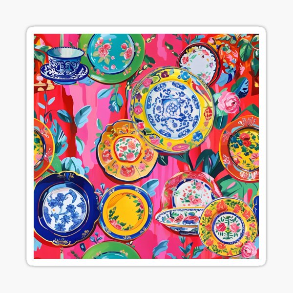 Item preview, Bright Chinoiserie porcelain on pink and green wallpaper designed and sold by SophieClimaArt.