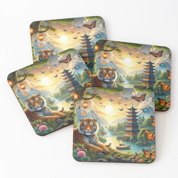 Item preview, Tiger and butterfly, plants, flowers, nature, pagoda, China designed and sold by Sugar Wisdom .