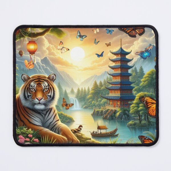 Item preview, Tiger and butterfly, plants, flowers, nature, pagoda, China designed and sold by Sugar Wisdom .