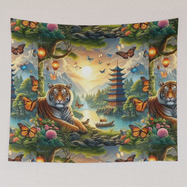 Item preview, Tiger and butterfly, plants, flowers, nature, pagoda, China designed and sold by Sugar Wisdom .