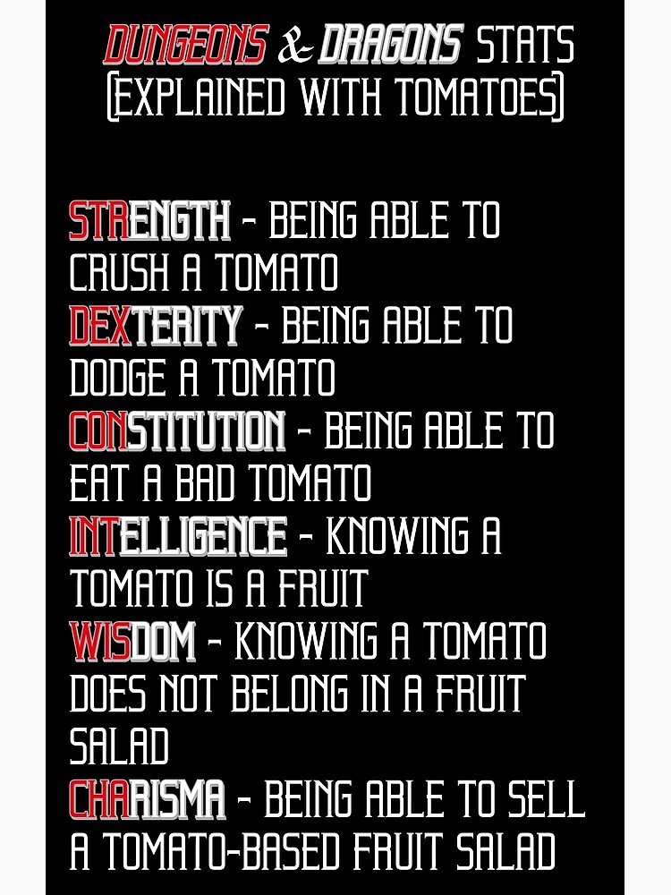 "D&D Stats w/ Tomatoes" Poster for Sale by LoonyMoonyProds Redbubble