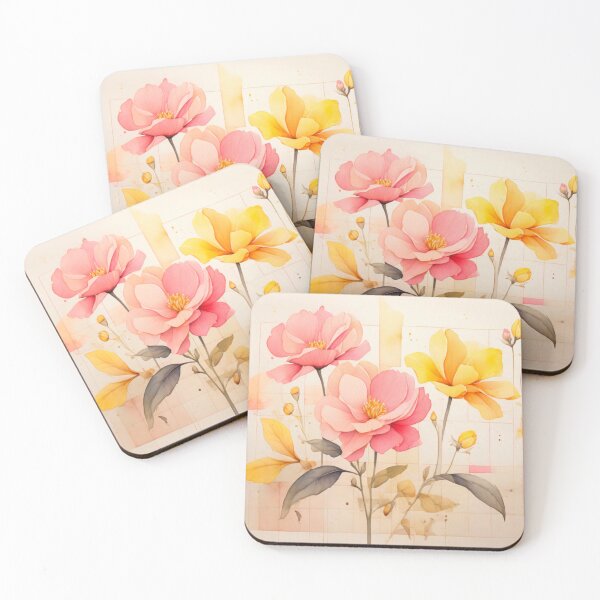 Item preview, Pink and Yellow roses on a cream background  designed and sold by Flowersonstuff.