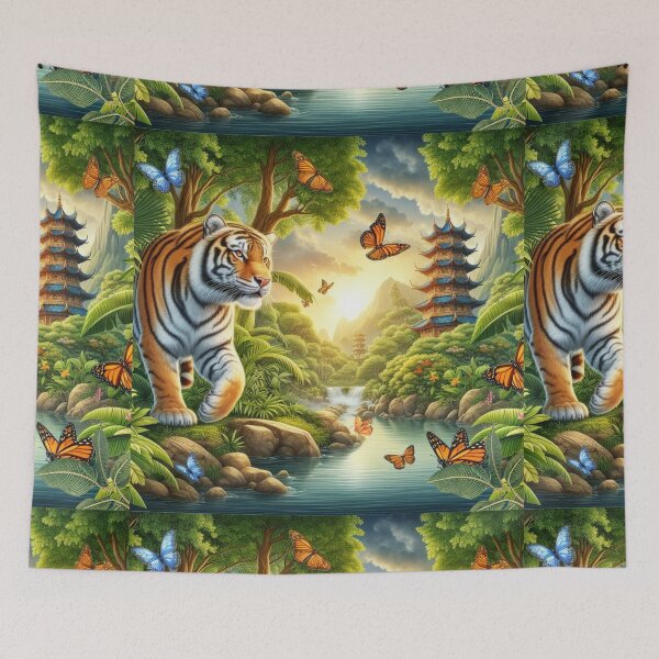 Item preview, Tiger and butterfly, plants, flowers, nature, pagoda, China designed and sold by Sugar Wisdom .