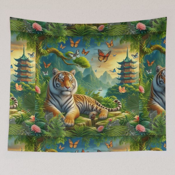Item preview, Tiger and butterfly, plants, flowers, nature, pagoda, China designed and sold by Sugar Wisdom .