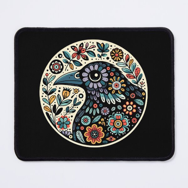 Item preview, Whimsical folk art, loves crows, loves birds, crows, raven, a guardian of nature, sits among flowers, evoking a sense of protection. designed and sold by Collagedream.