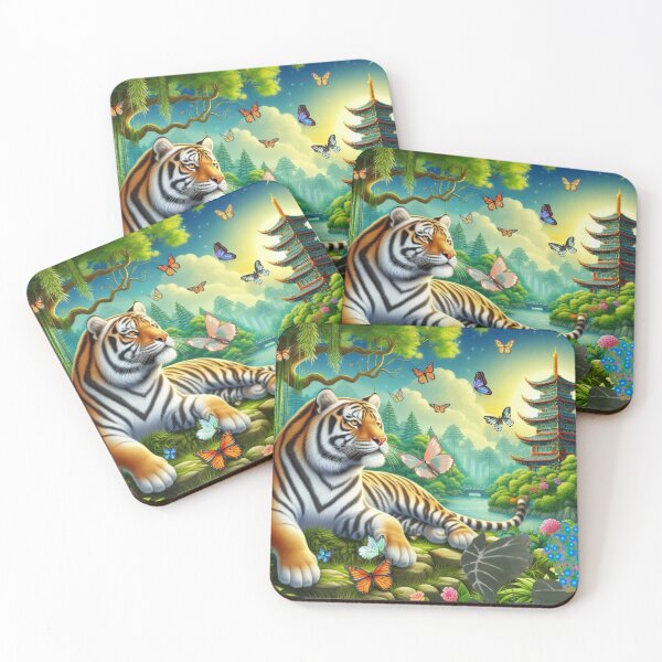 Item preview, Tiger and butterfly, plants, flowers, nature, pagoda, China designed and sold by Sugar Wisdom .