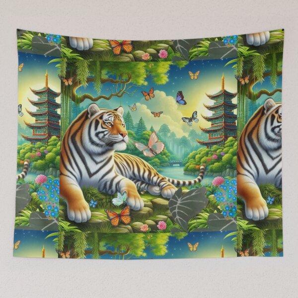 Item preview, Tiger and butterfly, plants, flowers, nature, pagoda, China designed and sold by Sugar Wisdom .