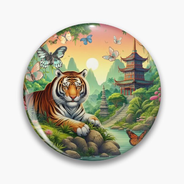 Item preview, Tiger and butterfly, plants, flowers, nature, pagoda, China designed and sold by Sugar Wisdom .