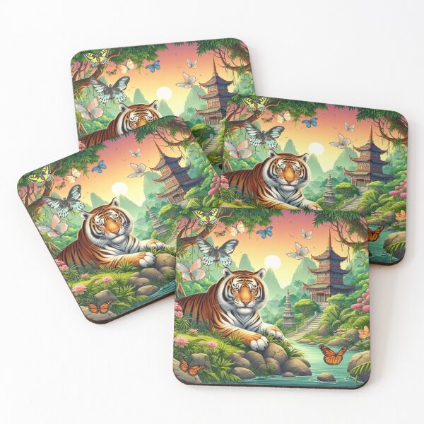 Item preview, Tiger and butterfly, plants, flowers, nature, pagoda, China designed and sold by Sugar Wisdom .