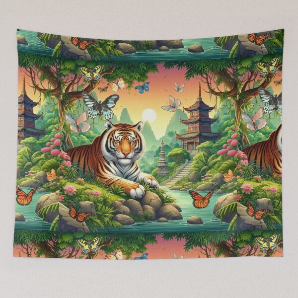 Item preview, Tiger and butterfly, plants, flowers, nature, pagoda, China designed and sold by Sugar Wisdom .