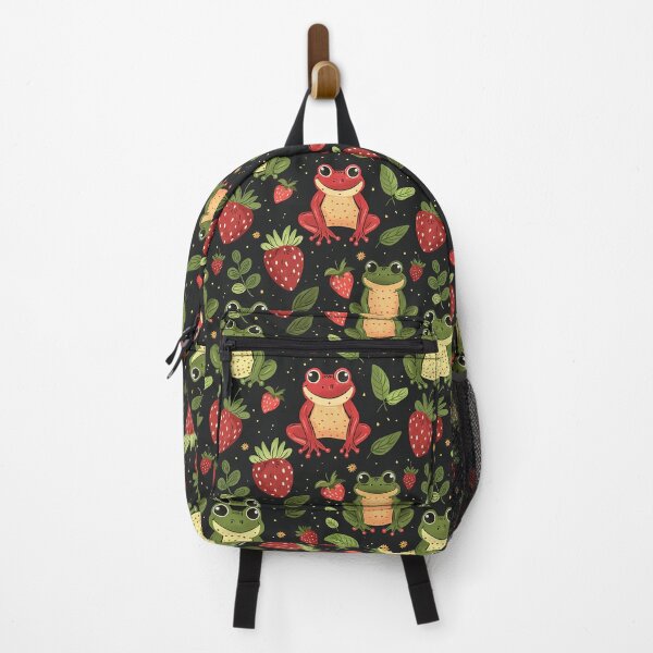 Item preview, Cute smiley frogs and strawberries pattern - goblincore aesthetic - black background designed and sold by Fantasy Cache.