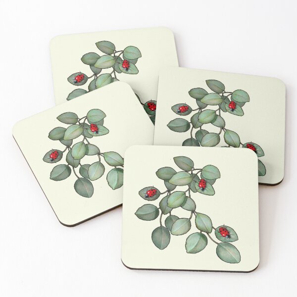Item preview, LADYBUGS on Eucalyptus Leaves, Hand Drawn Illustration, Insects Digital Art designed and sold by JoyfulWhimsy.