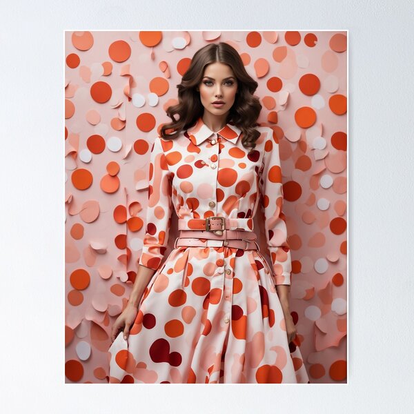 Item preview, feminine woman wearing spring dress with spots red orange tones designed and sold by Carlos Gudino.