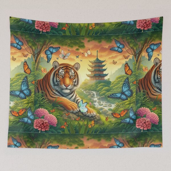 Item preview, Tiger and butterfly, plants, flowers, nature, pagoda, China designed and sold by Sugar Wisdom .