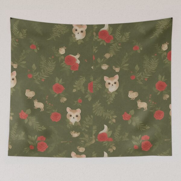 Item preview, feminine design printed fabric with flowers, branches, roses, wild animals and mushrooms designed and sold by Carlos Gudino.