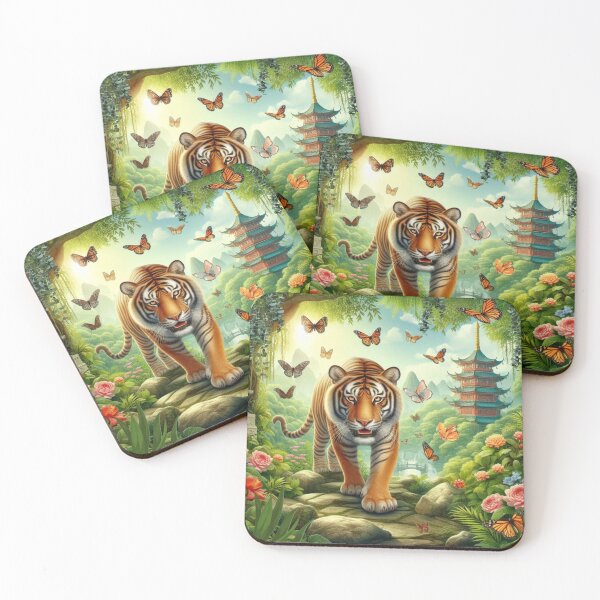 Item preview, Tiger and butterfly, plants, flowers, nature, pagoda, China designed and sold by Sugar Wisdom .
