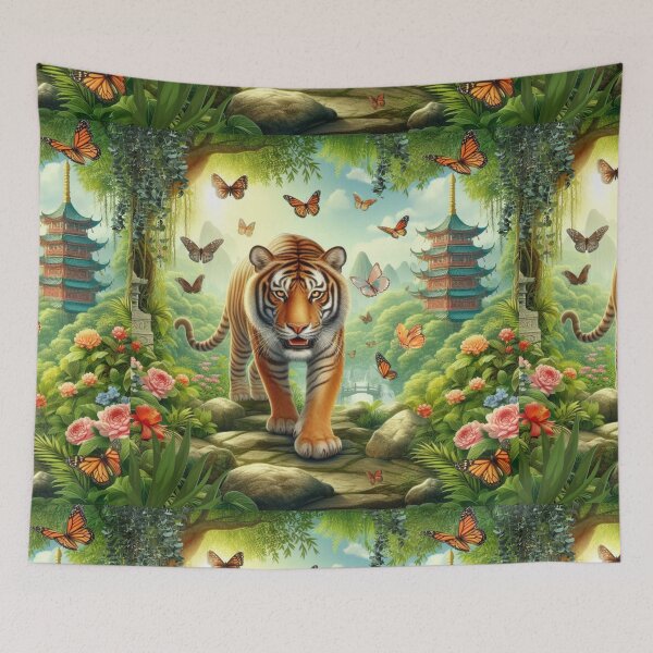 Item preview, Tiger and butterfly, plants, flowers, nature, pagoda, China designed and sold by Sugar Wisdom .