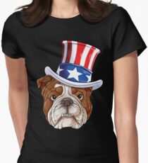 English Bulldog American Flag Hat T shirt 4th of July Dog Women's Fitted T-Shirt